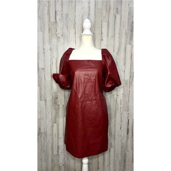 Anthropologie Faux Leather Red Mini Dress Bow-Back Detail Medium Holiday Festive - Picture 2 of 8